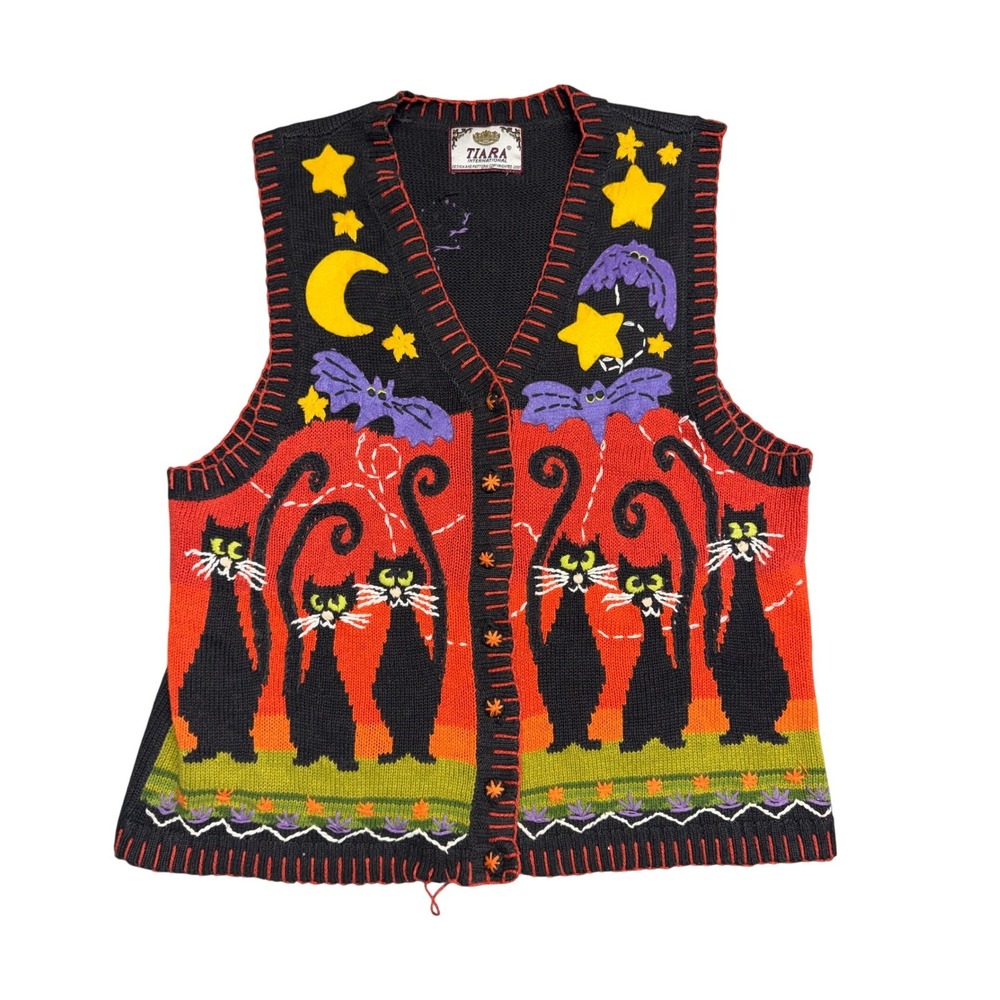 Vintage Tiara International Halloween Black Cat Bat Moon Knit Sweater Vest Large